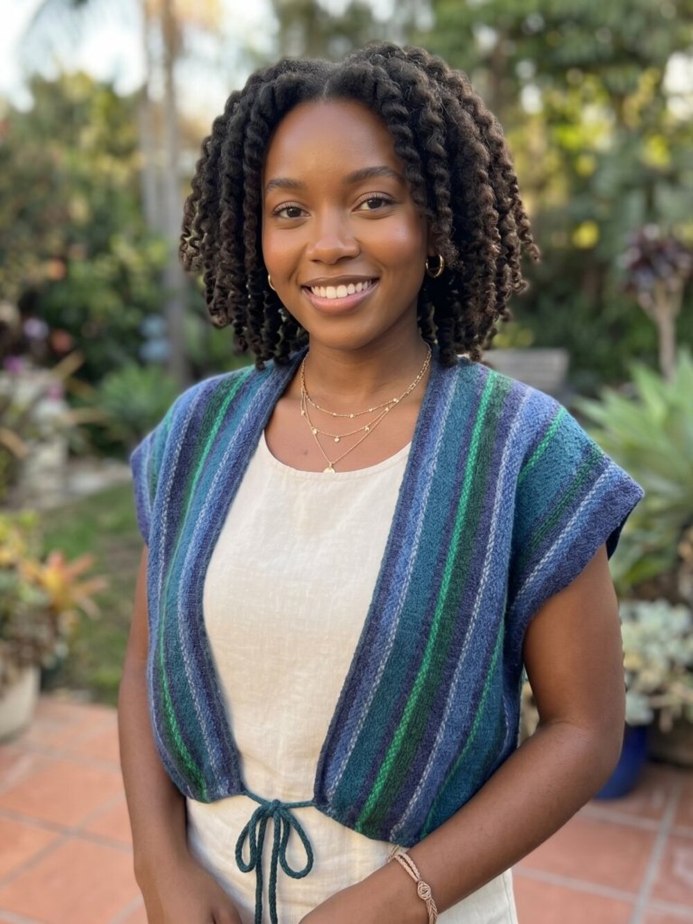 Vintage handwoven wool Striped Blue and Green Poncho vest